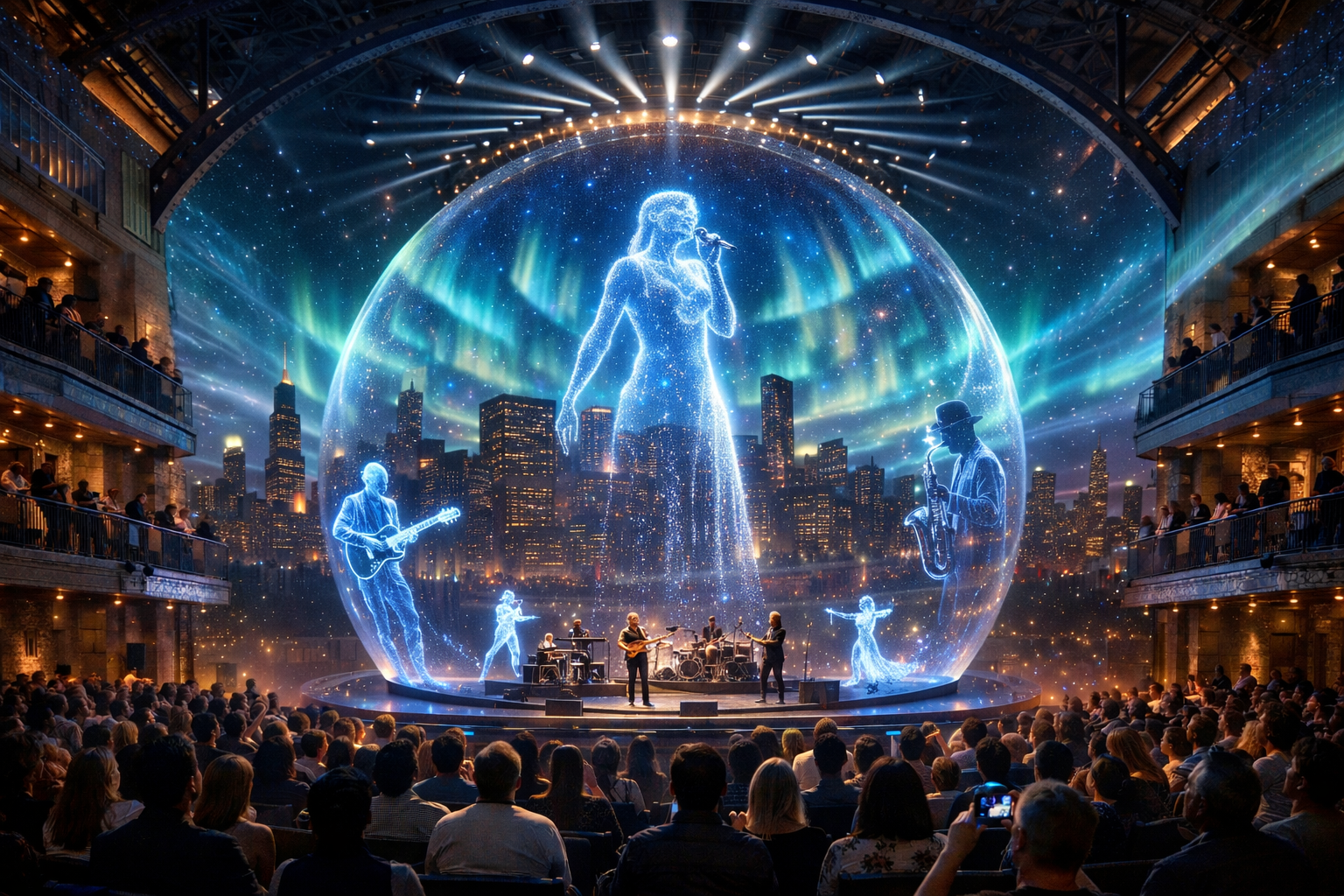 A futuristic concert inside a historic venue — holographic performers surrounding live musicians inside a glowing spherical dome.